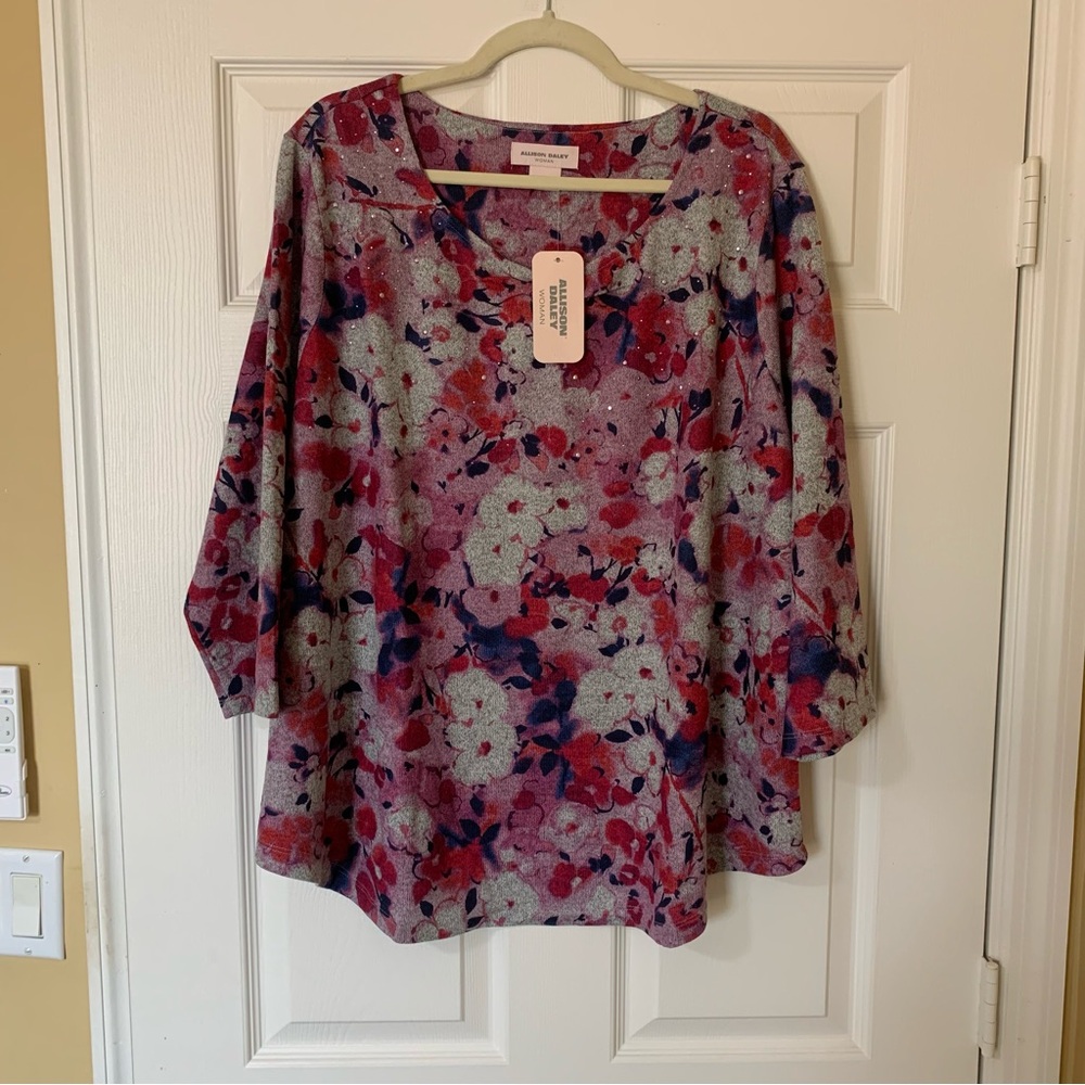 Allison Daley Floral Long Sleeve Pink and Gray Blouse 3X